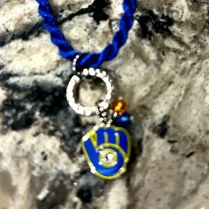 Milwaukee Brewers baseball blue necklace beads and pendant on rope silver